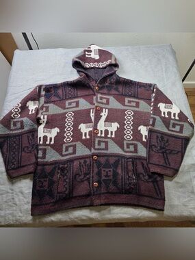Vintage Tejidos Ruminahui Wool Hooded Sweater Llama Alpaca Knit Jacket